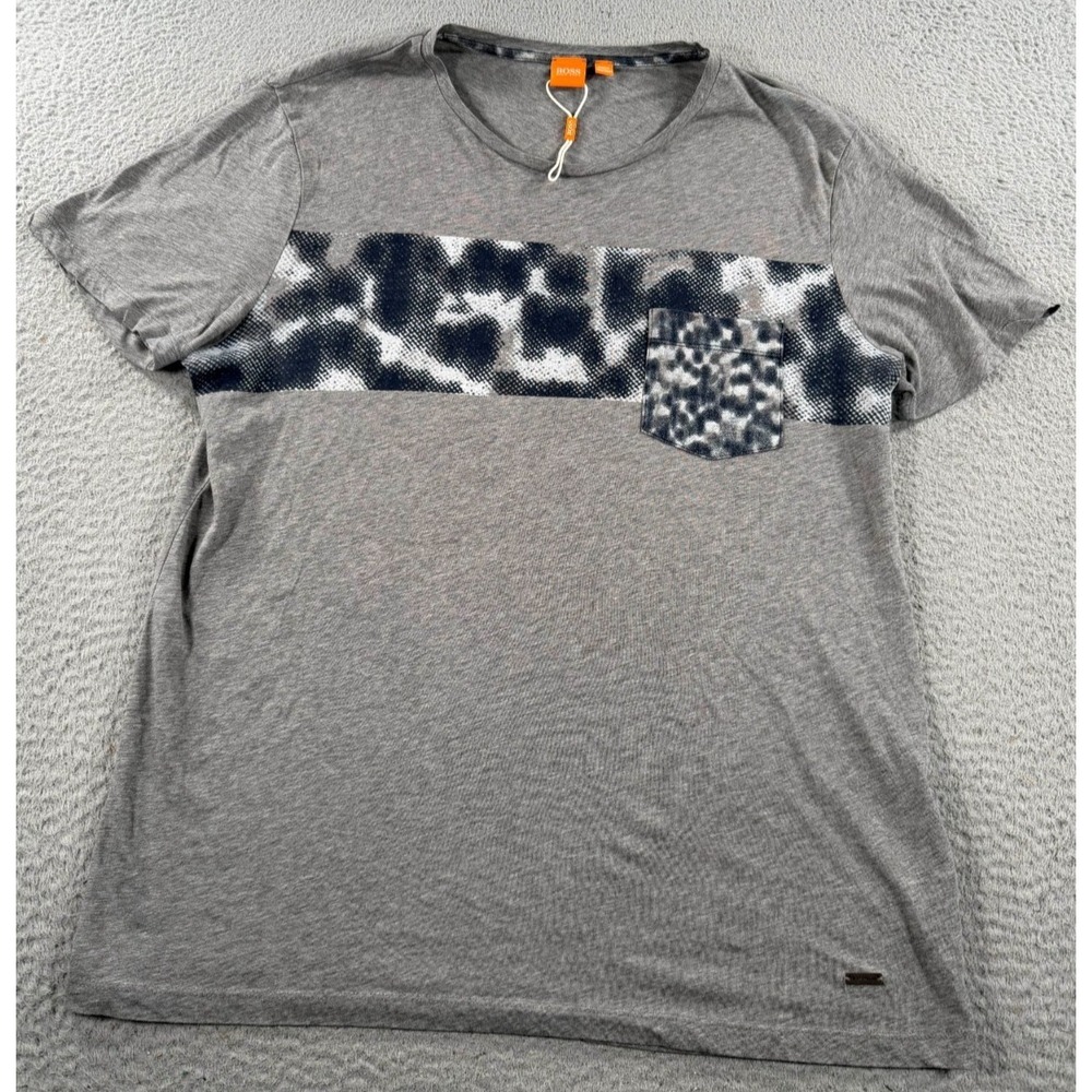 Hugo Boss Shirt Men's XL Gray Short Sleeve Chest Camo Striped Pocket Logo NWT